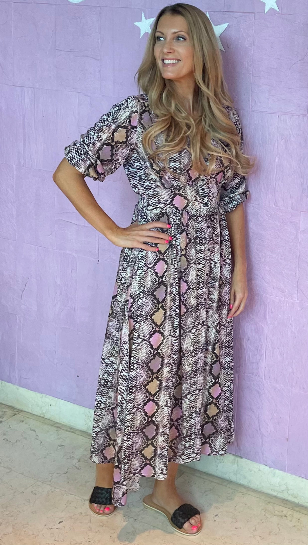 Cheryl Midi Dress in Purple Snake